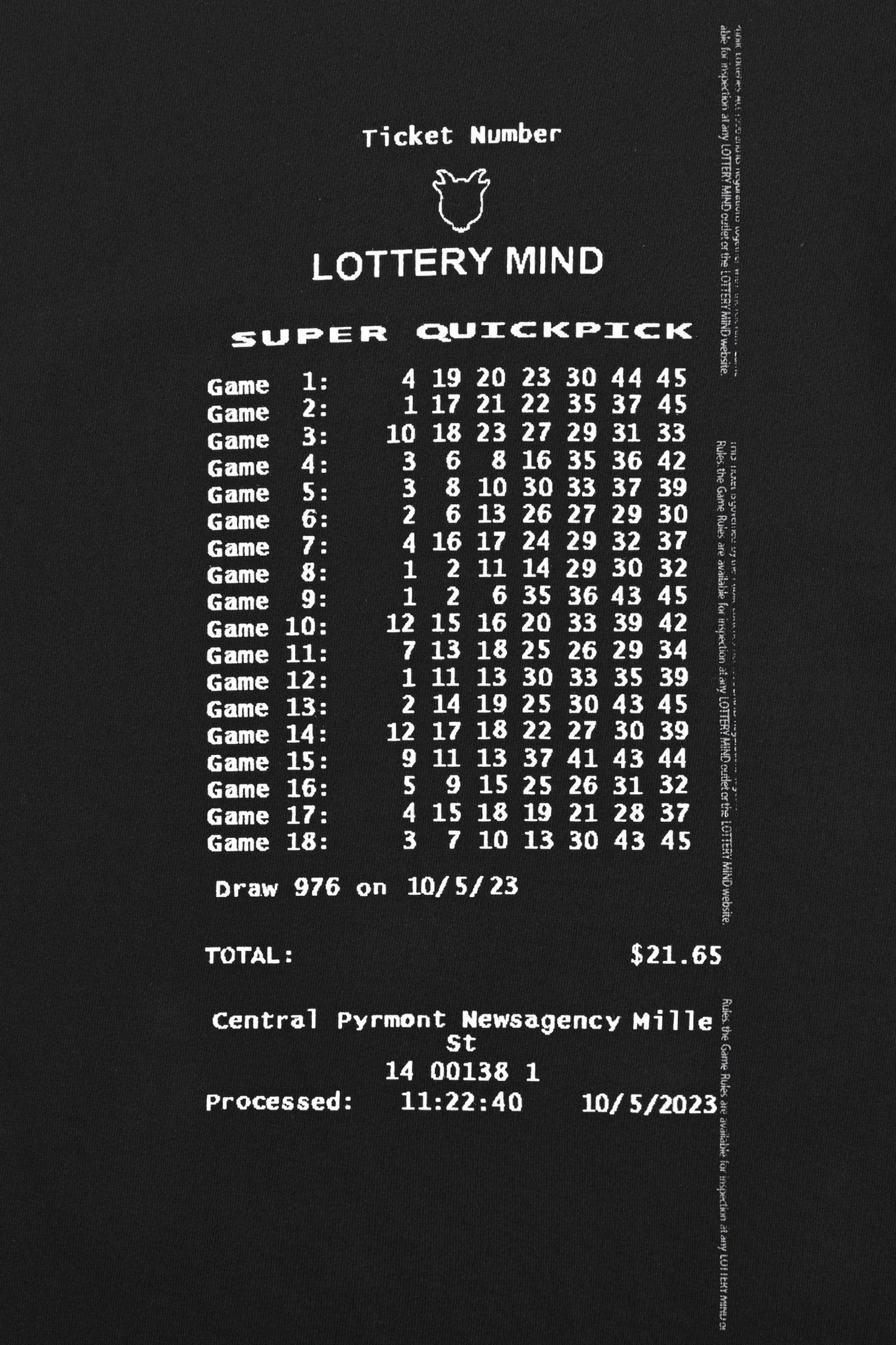 LOTTERY NUMBER S/S TEE  BLACK